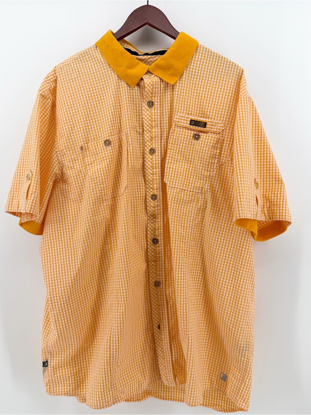 Cavi Men 4XL Shirt Short Sleeve Orange White Gingham Plaid Urban Streetwear Flaw